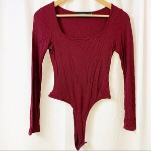 Workhall Burgundy Square Neck Ribbed Long Sleeve Bodysuit